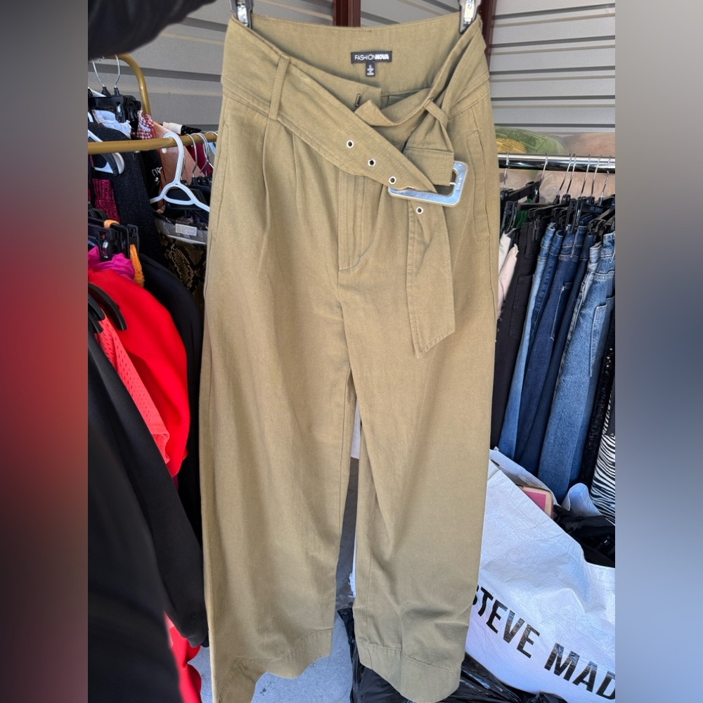 Fashion Nova Belted Tan Trousers